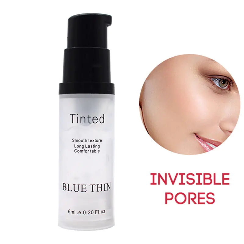 Skincare bottle labeled 'Blue Thin' with a close-up of skin and text 'Invisible Pores' on a white background