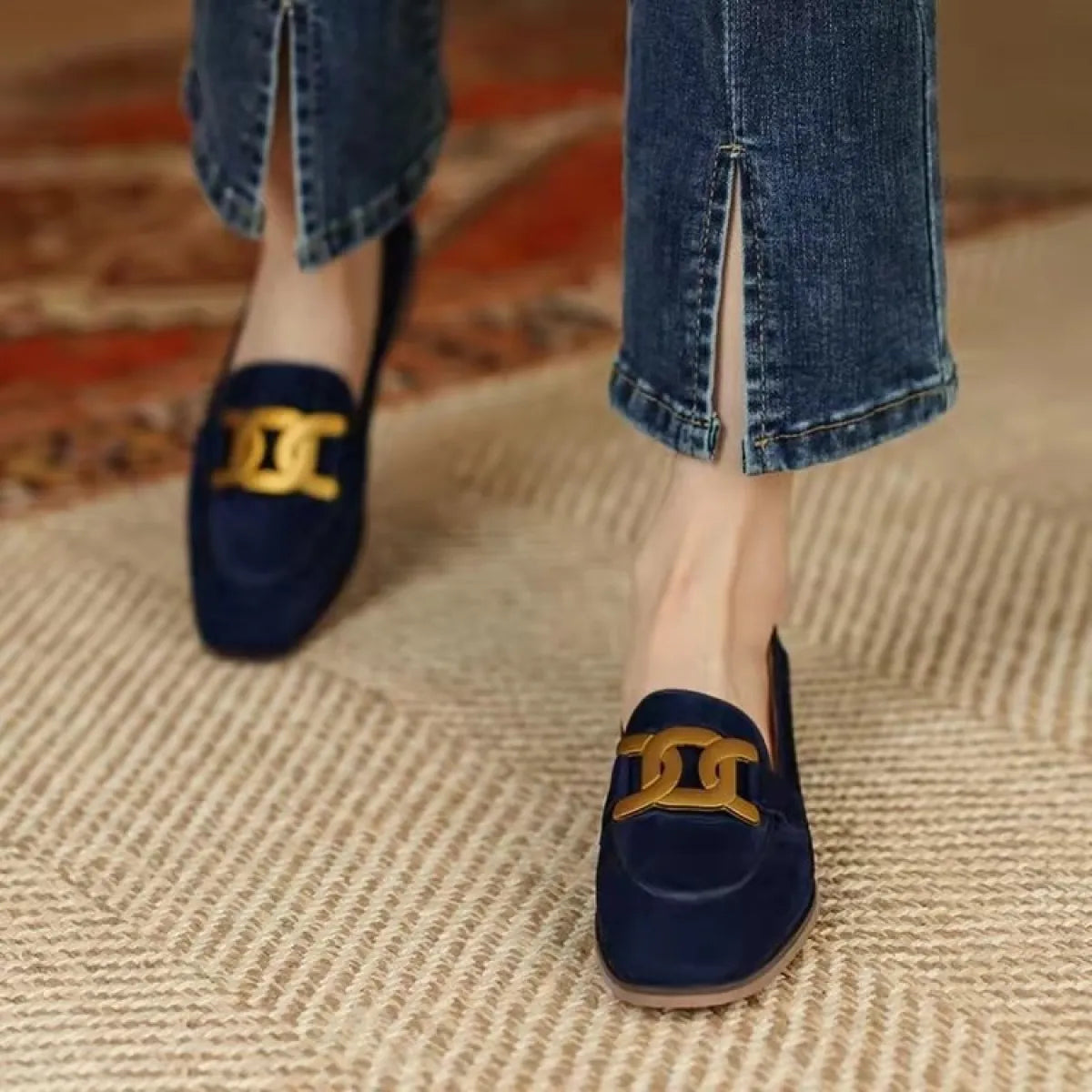 Metal Buckleslat Blue Suede Shoes front view
