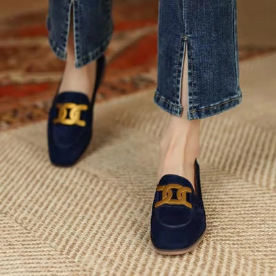 Metal Buckleslat Blue Suede Shoes front view