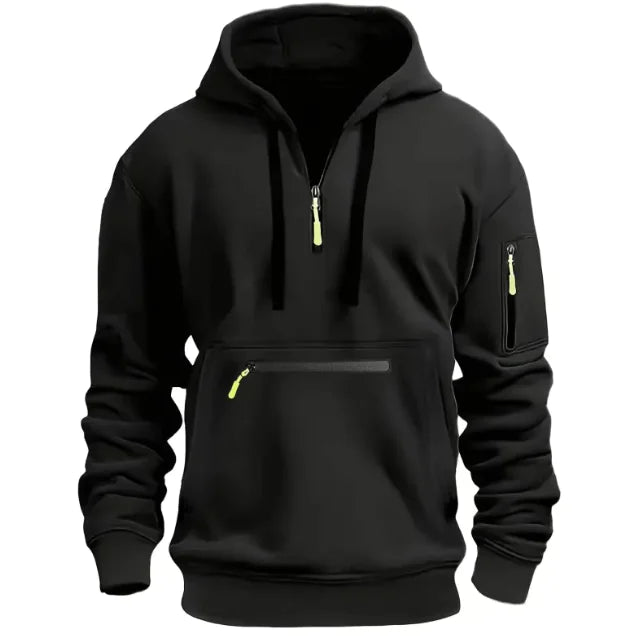 Black hoodie with yellow zippers on a white background