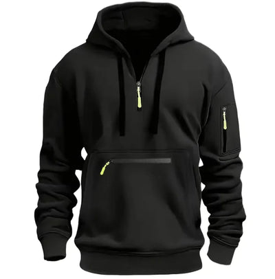 Black hoodie with yellow zippers on a white background