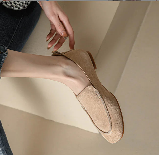Women's Beige Suede Loafers - Classic Retro Slip-On Shoes - front view