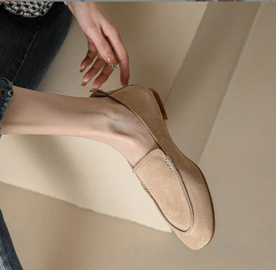 Women's Beige Suede Loafers - Classic Retro Slip-On Shoes - front view