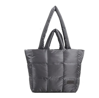 Gray puffer tote bag on a white background