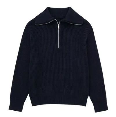 Black ribbed sweater with a zipper on a white background