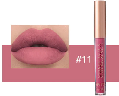 Lipstick with a close-up of lips wearing the shade, brand 'Vincenzo' visible