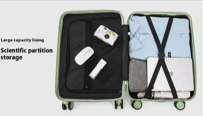 Open suitcase with scientific partition storage and large capacity lining features.