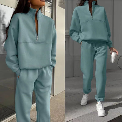 Teal tracksuit worn by a person, with a close-up of the top left and full-body view on the right.