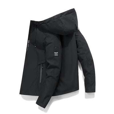 Black jacket with a hood on a white background