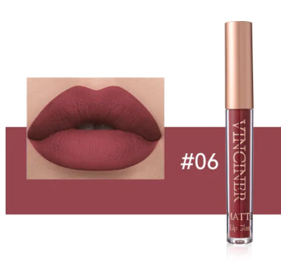Lipstick with a close-up of lips wearing the color, brand 'Vinciner' visible