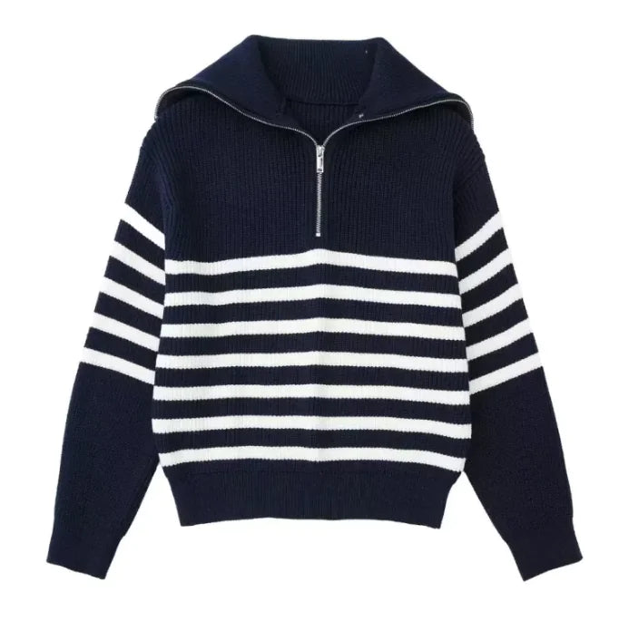 Navy and white striped sweater with a zipper on a white background