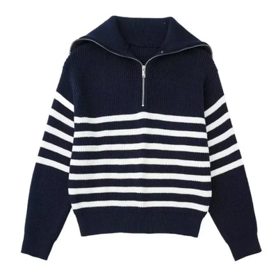Navy and white striped sweater with a zipper on a white background