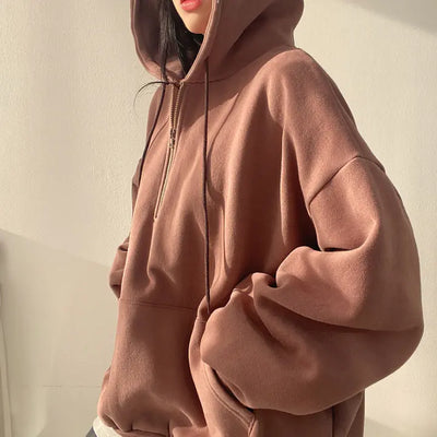 Fleece-lined Pullover Zipper Hoodie for Women - brown color option