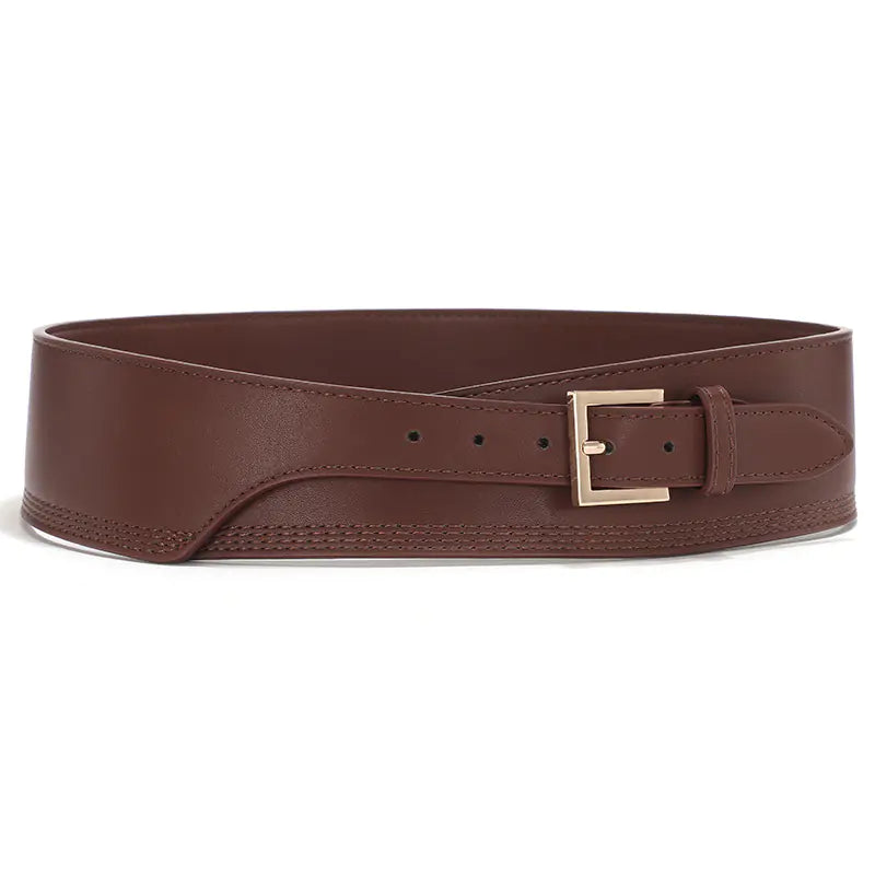 Brown leather belt with a gold buckle on a white background