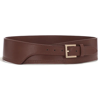 Brown leather belt with a gold buckle on a white background