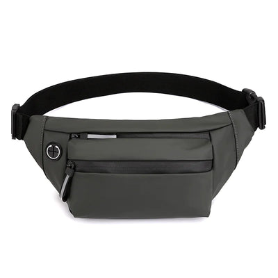Gray waist bag with a black strap on a white background