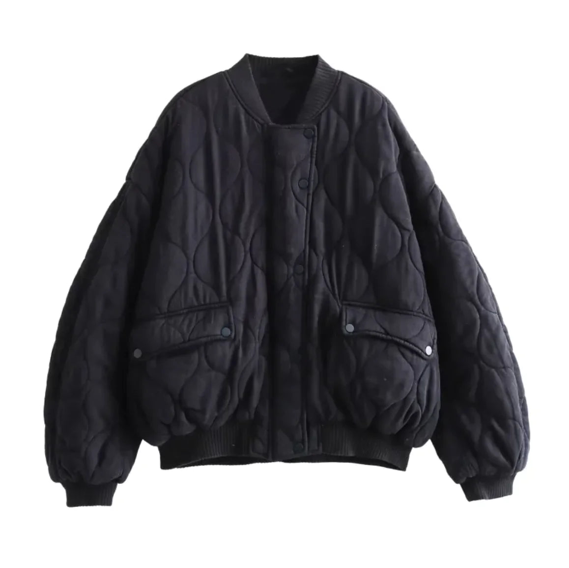 Black quilted jacket on a white background
