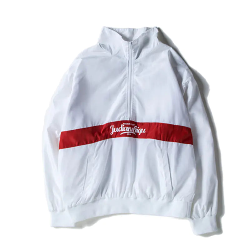 White jacket with a red stripe and visible branding on a white background