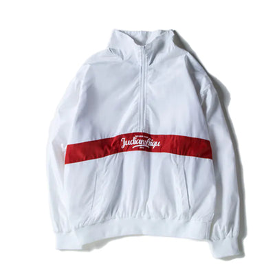White jacket with a red stripe and visible branding on a white background