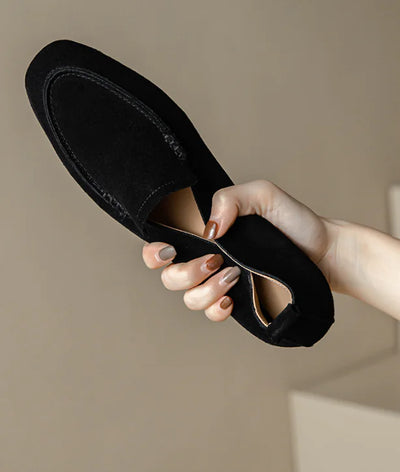 Women's Black Suede Loafers - Classic Retro Slip-On Shoes - black front view