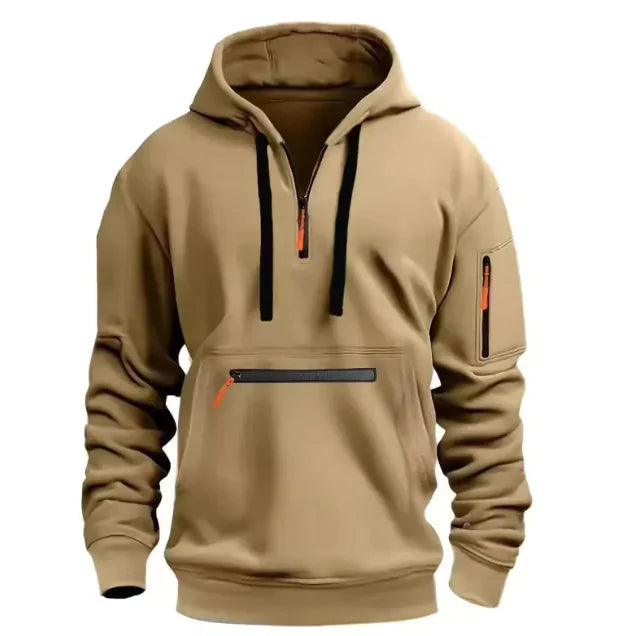 Beige hoodie with black drawstrings and zipper on a white background
