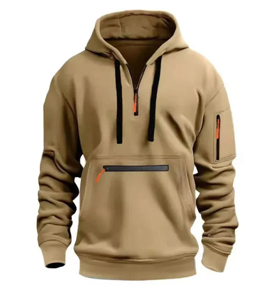 Beige hoodie with black drawstrings and zipper on a white background