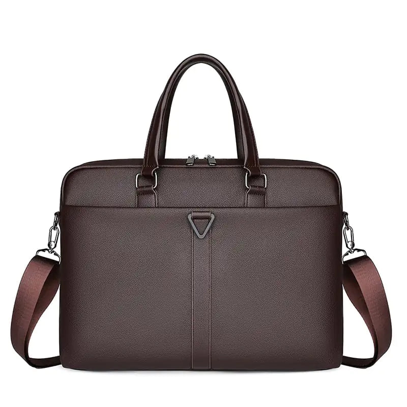Brown leather briefcase with shoulder strap on a white background