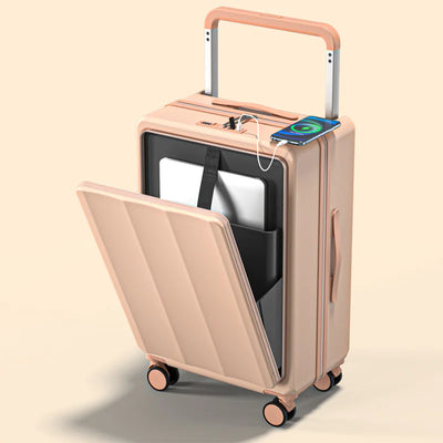 Beige suitcase with open front compartment, laptop, and phone on a beige background