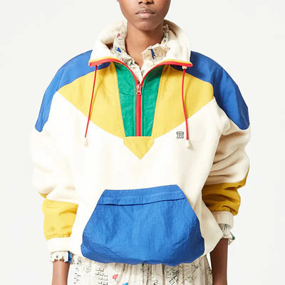 Person wearing a colorful jacket with a white background