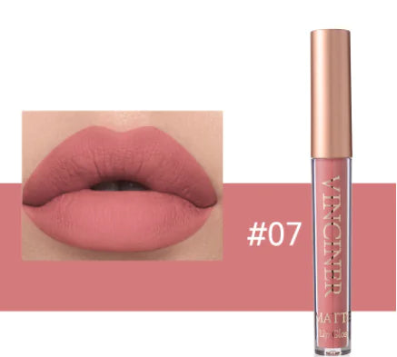 Lip gloss with a close-up of lips wearing the color, brand 'Vincen' visible.
