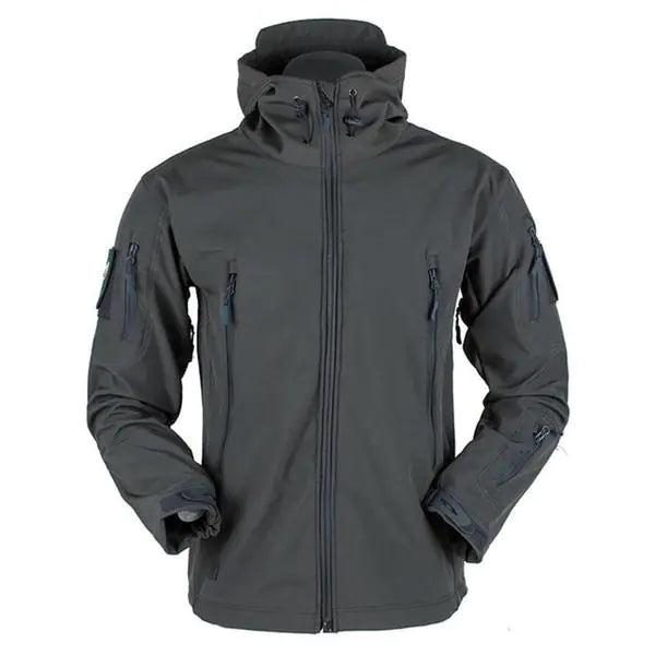 Dark gray tactical jacket with multiple pockets on a white background