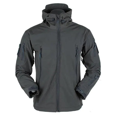 Dark gray tactical jacket with multiple pockets on a white background