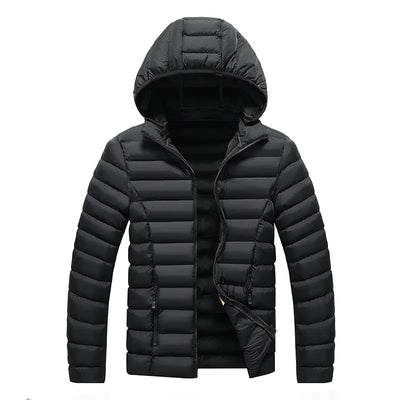 Black puffer jacket with a hood on a white background