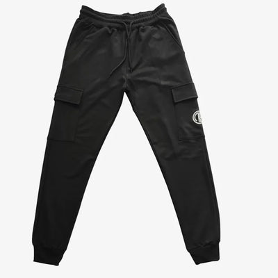 Black cargo pants with a logo on a white background