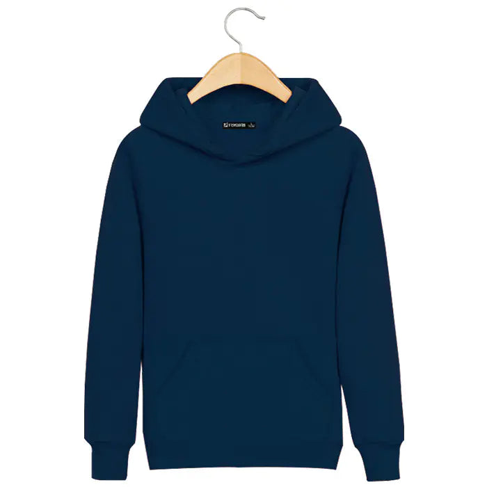 Navy blue hoodie on a wooden hanger against a white background