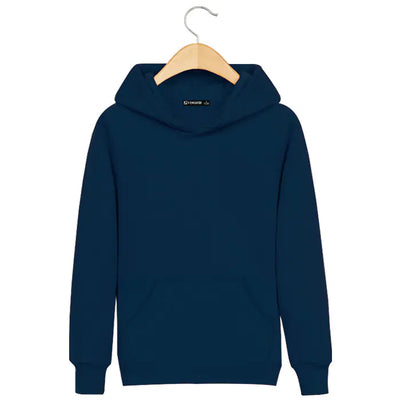 Navy blue hoodie on a wooden hanger against a white background