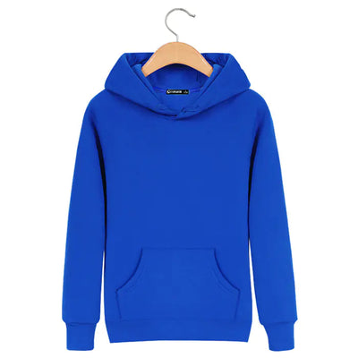 Blue hoodie on a wooden hanger against a white background