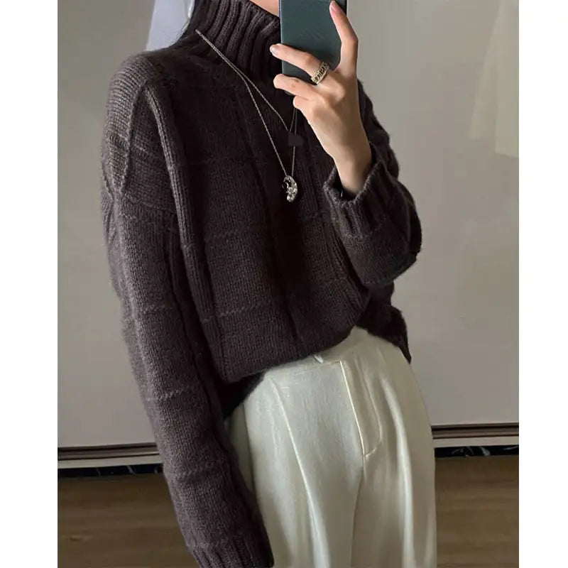 Person wearing a dark brown knitted sweater and light-colored pants, taking a mirror selfie.