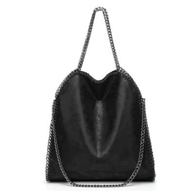 Black handbag with chain details on a white background