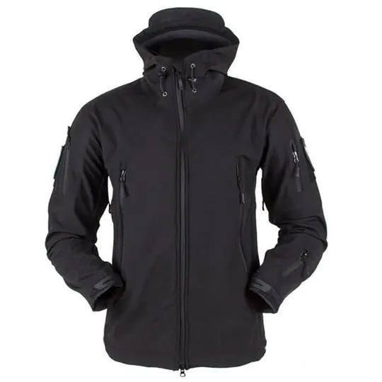 Black tactical jacket with multiple pockets and zippers on a white background