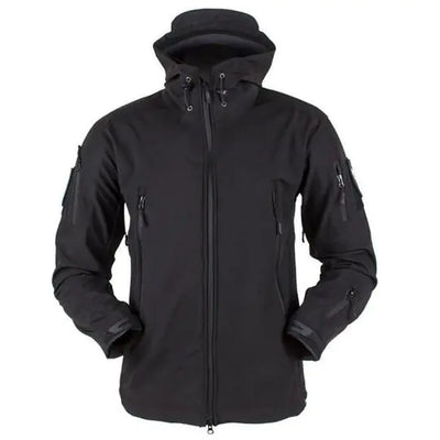 Black tactical jacket with multiple pockets and zippers on a white background