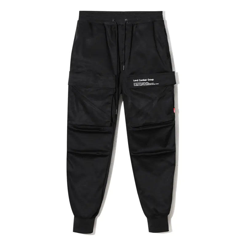 Black cargo pants with a brand logo on a white background