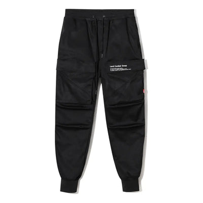 Black cargo pants with a brand logo on a white background
