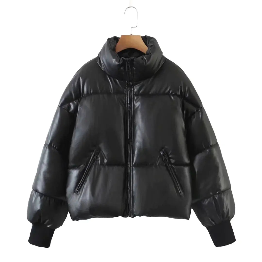 women's black winter cotton jacket with zipper pockets