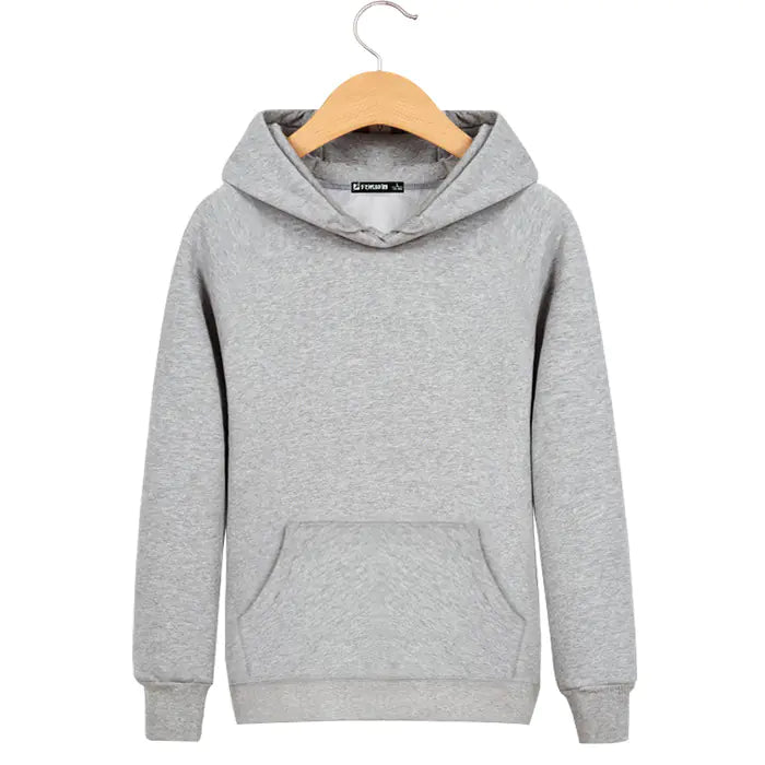 Gray hoodie on a wooden hanger against a white background