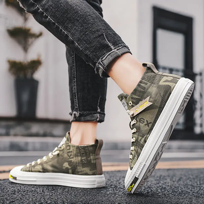 Person wearing camouflage high-top sneakers with a blurred background