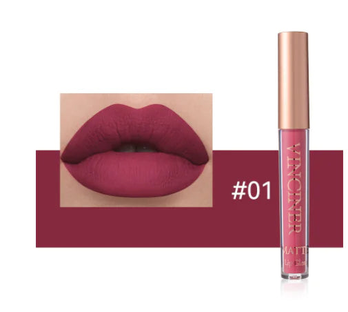 Lipstick with a close-up of lips wearing the color, brand 'Vincenzo' visible.