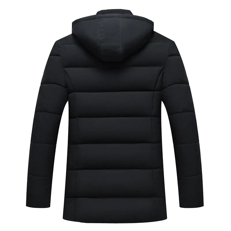 Black puffer jacket with a hood on a white background