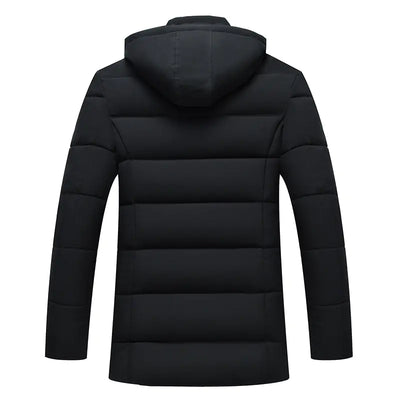 Black puffer jacket with a hood on a white background