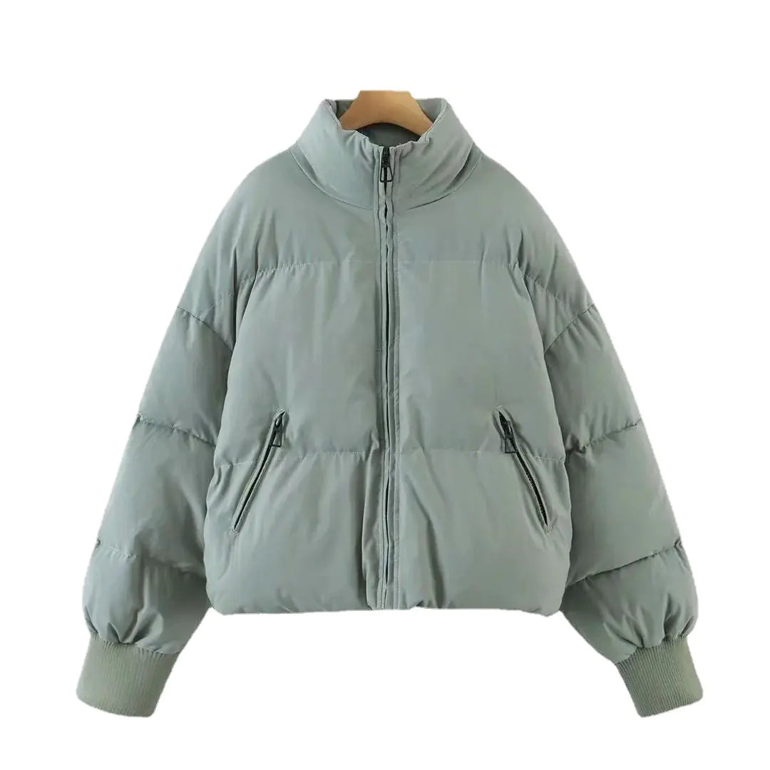women's pea green winter cotton jacket with zipper pockets
